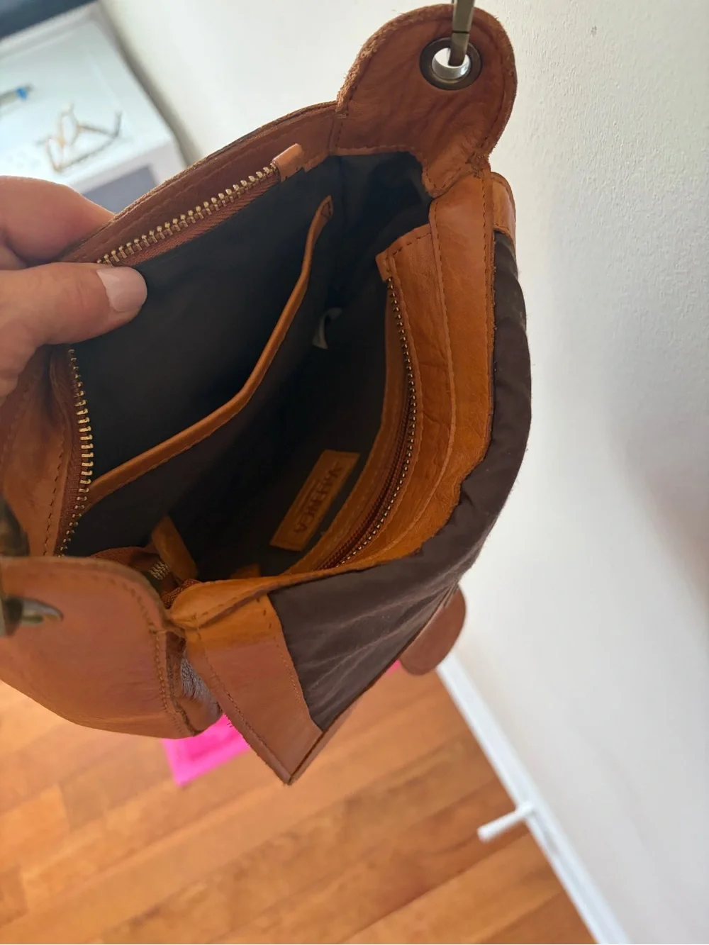 Leather Crossbody Saddle Bag in Tan 8x9 strap drop at longest 26